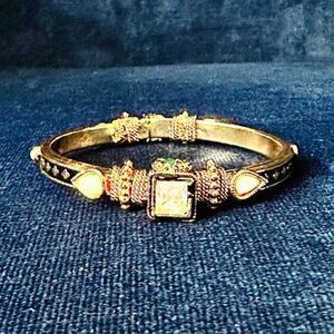 Gold Statement Pearl Bracelet with Black Green Stone Accents Fashion Jewelry